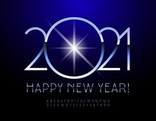Vector elegant greeting card Merry Christmas 2021! Blue metal Font. Luxury Thin chrome Alphabet Letters and Numbers set