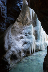 Icicles at Partnachklamm in Garmisch-Partenkirchen, Bavaria, Germany, wintertime