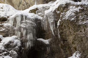 Fototapeta na wymiar Icicles at Partnachklamm in Garmisch-Partenkirchen, Bavaria, Germany, wintertime