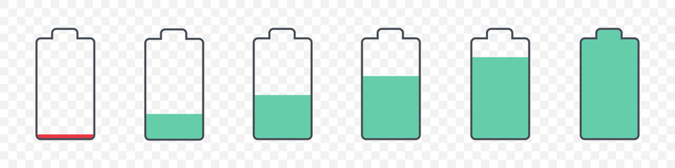 Battery charge indicator icons. Trendy style. Battery energy level from low to high. Charger phases illustrations. Vector illustration