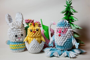 Origami for kids : 3D Big Santa Claus on white background isolated.Natural light, copy space for text.Top view, flat lay.Easy to use for card.