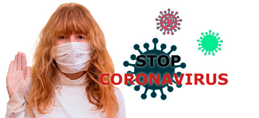 woman with medical face protection mask and hand with disposable medical glove making the stop sign to the virus