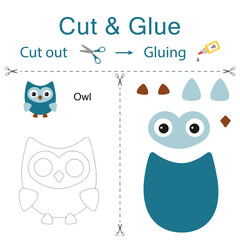 Cut and glue is the paper game for the development of preschool children. Cut parts of the image and glue on the paper. Owl. Vector illustration in flat style