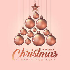 Merry Christmas and Happy New Year greeting card. Xmas decoration balls design hanging on ribbon with golden gift box and snowflakes shape of pine. Merry Christmas and Happy New Year