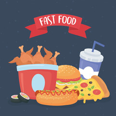fast food, pizza burger chicken hot dog and soda