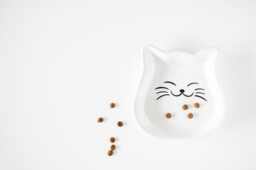 Empty cat dish, dry cat food in a cat white dish on a white background. top view, copy space