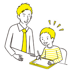 手描き1color  タブレット　勉強を見てもらう男の子　男性教師