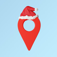 delivery of Christmas gifts, maps point red with a santa hat