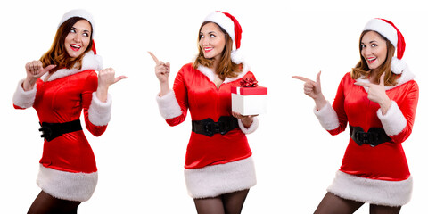 Portraits of smiling young woman in Red Christmas clothes pointing finger into empty space. Young woman holding a gift box. Santa Claus 