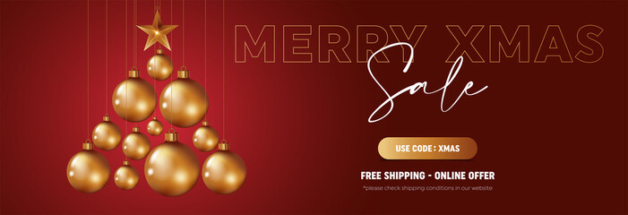 Naklejka premium Christmas sale background, card, poster, holiday cover, web banner. Modern Xmas design in realistic style with hanging Christmas balls and Christmas star.