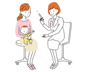 手書き線画カラーイラスト　診察　女医　赤ちゃんの予防接種