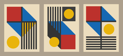 Vector set of retro bauhaus geometric covers. Use for placards, brochures, posters, banners, wall decoration. Blue, red, yellow. Home interior poster.