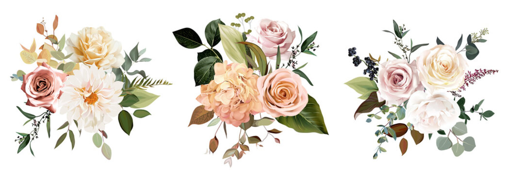 Rust orange and blush pink antique rose, beige and pale flowers, creamy dahlia, peony, ranunculus