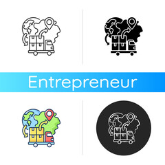 Import icon. Linear black and RGB color styles. Freight trucking business, international entrepreneurship. Worldwide delivery and auto transportation services. Isolated vector illustrations