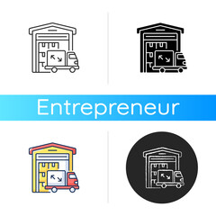 Warehouse facilities icon. Linear black and RGB color styles. Freight trucking business, commercial shipping services. Cargo storage building and delivery van. Isolated vector illustrations