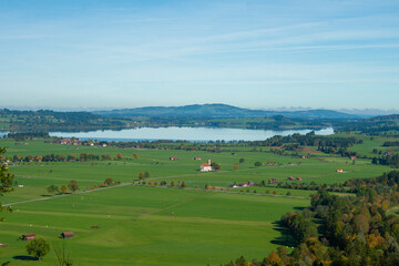 Fototapeta na wymiar aerial view of meadows with lakes in Bavaria. Fussen.