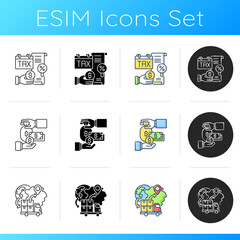 Business icons set. Linear, black and RGB color styles. Successful entrepreneurship. Legal and customer services. Import business, payroll and taxes payment. Isolated vector illustrations