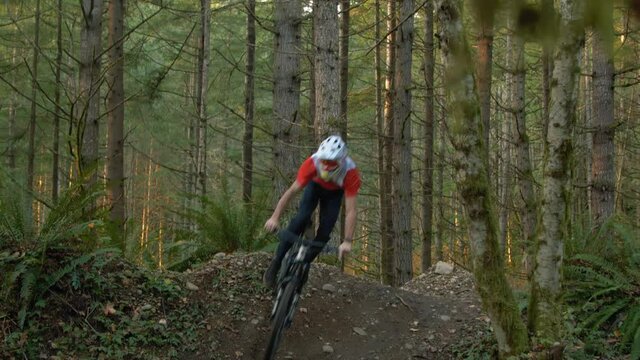 Mountain Bike Rider Catching Air Slow Motion Off Dirt Jump in Mossy Green Forest
