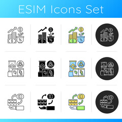 Industrial business icons set. Linear, black and RGB color styles. Profitable entrepreneurship. Financial management, raw materials and wholesale trade. Isolated vector illustrations