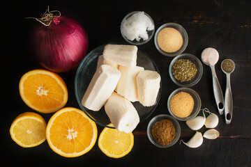 Yuca Con Mojo Ingredients: Frozen cassava, citrus fruit, and other ingredients for a traditional Cuban side dish