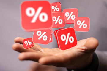 percent shopping digital in hand 3d.