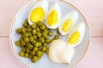 Served tasty egg salad meal close up view.