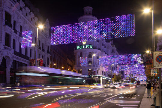 Night View Of The Street Grand Via In Madrid Decorated For Christmas .