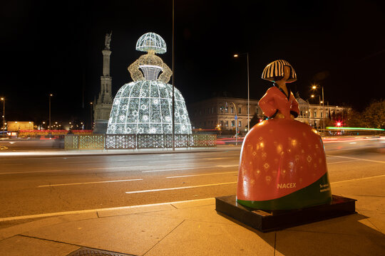 View of the Plaza de Colon square decorated for Christmas 2020, Madrid, Spain.