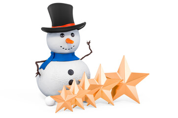 Snowman with 5 golden stars concept, 3D rendering