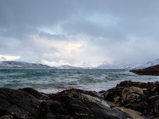 Strand bei Sommaroya, Kvaloya, Norwegen