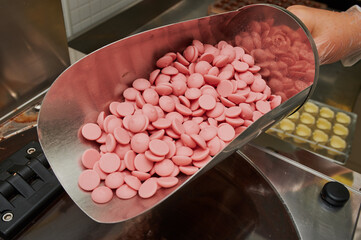 Chocolate colored pink in a metal scoop in the hands of a pastry chef against the background of fine-grain production chocolate candies and confectionery