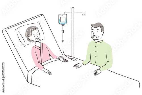 手書き線画カラーイラスト シニアの夫婦 妻入院 お見舞い Poster Yoshidaakiko1223