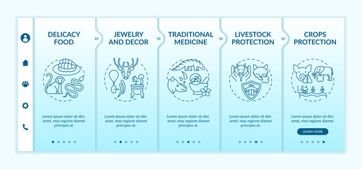 Exotic animal abuse onboarding vector template. Delicacy food. Jewelry and decor. Traditional medicine. Responsive mobile website with icons. Webpage walkthrough step screens. RGB color concept