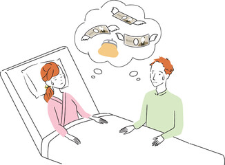 Fototapeta premium 手書き線画カラーイラスト 女性入院 お金の心配