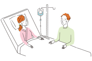 手書き線画カラーイラスト　夫婦　女性入院　心配