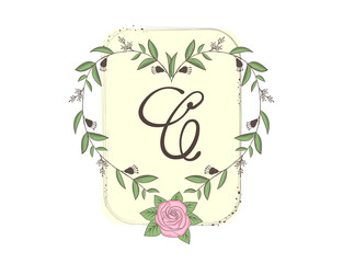 Elegant capital letter C with floral frame, leaves and rose. Calligraphic floral alphabet. Hand drawn composition of flowers. Botanical template design elements for invitation, wedding, greeting cards