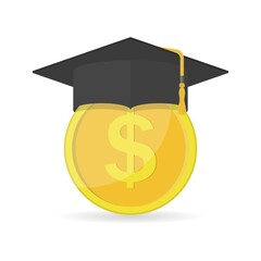 Investment in education icon. Concept of education costs, study cash, tuition fees, tax, pay, spending education money investment. Graduation cap with coin.