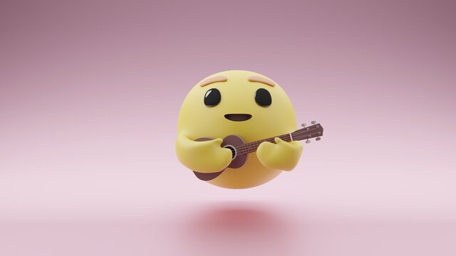 Illustration image of emoticon with ukulele guitar icon, concept of music or entertainment, 3D rendering