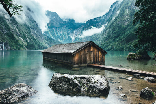 Boathouse Reflecting in the Obers&radic;&acute;e, Berchtesgaden National Park, Germany (Deutschland)