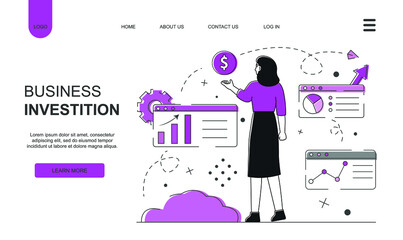 Business investitions concept. Woman and money landing page.
