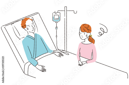 手書き線画カラーイラスト 若い夫婦 悩む 入院 ベッド 点滴 Bed Poster B Yoshidaakiko1223