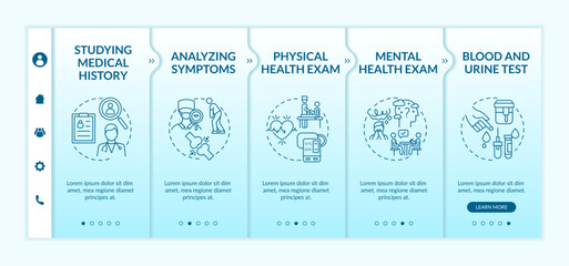 Naklejka premium Systemic exertion intolerance disease diagnostics onboarding vector template. Anamnesis, health examination. Responsive mobile website with icons. Webpage walkthrough step screens. RGB color concept