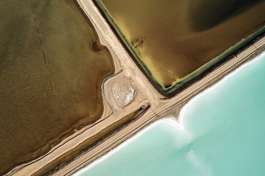Minimal abstract aerial drone photo of lithium mining evaporation ponds