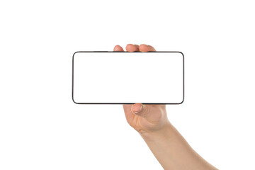 Close up photo pov of female hand holding telephone in horizontal position isolated over white color background