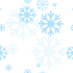 Seamless pattern with various blue snowflakes on a white background for fashion prints, fabrics, wrapping paper, T-shirts, linen. Vector illustration.