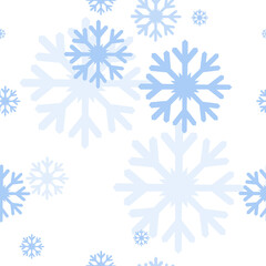 Seamless pattern with various blue snowflakes on a white background for fashion prints, fabrics, wrapping paper, T-shirts, linen. 