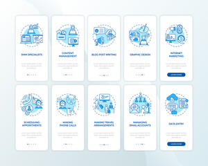 Virtual assistant work blue onboarding mobile app page screen with concepts set. Freelance job walkthrough 5 steps graphic instructions. UI vector template with RGB color illustrations collection