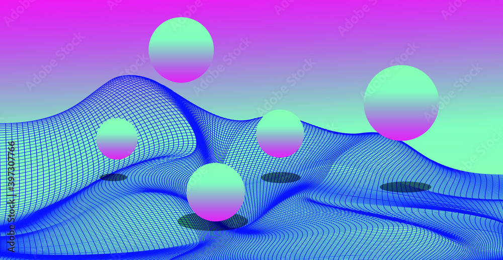 Poster abstract surreal background with floating neon spheres. brigth colorful illustration.