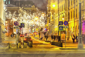 The city beautiful christmas street illumination on New Year holidays colorful painting