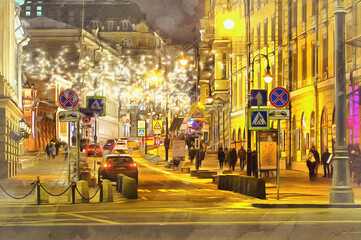 Naklejka premium The city beautiful christmas street illumination on New Year holidays colorful painting